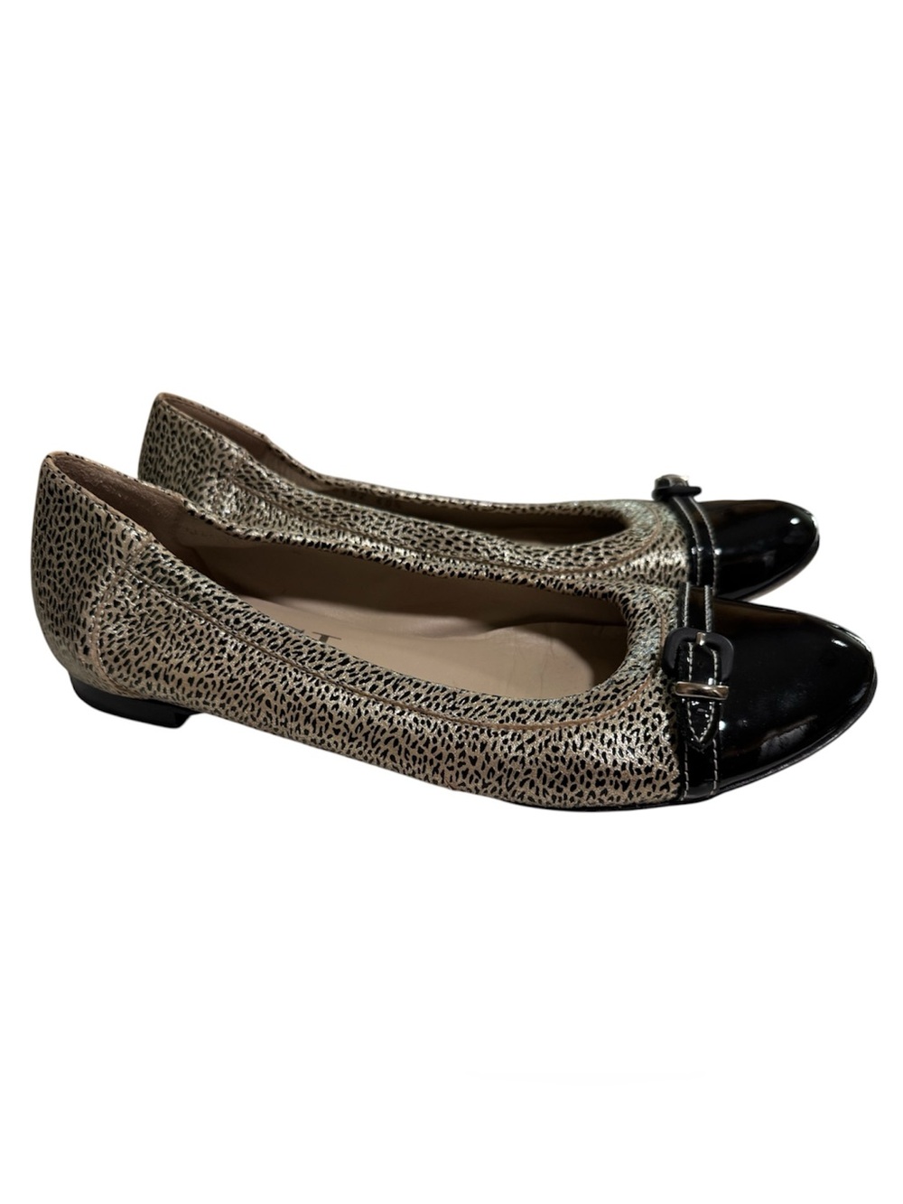 AGL Monika Black Patent & Leopard Cap Toe Ballet Flats with Buckle -US 9/EU 40.5